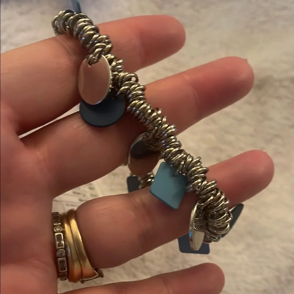 Silver and Blue Charm Bracelet boho contemporary stretchy